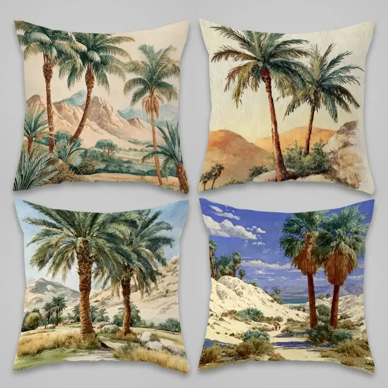 Vintage Tropical Palm Tree Pillowcase Set 4pcs Boho Desert Print Cushion Cover Squares for Summer Home Decor 45x45cm