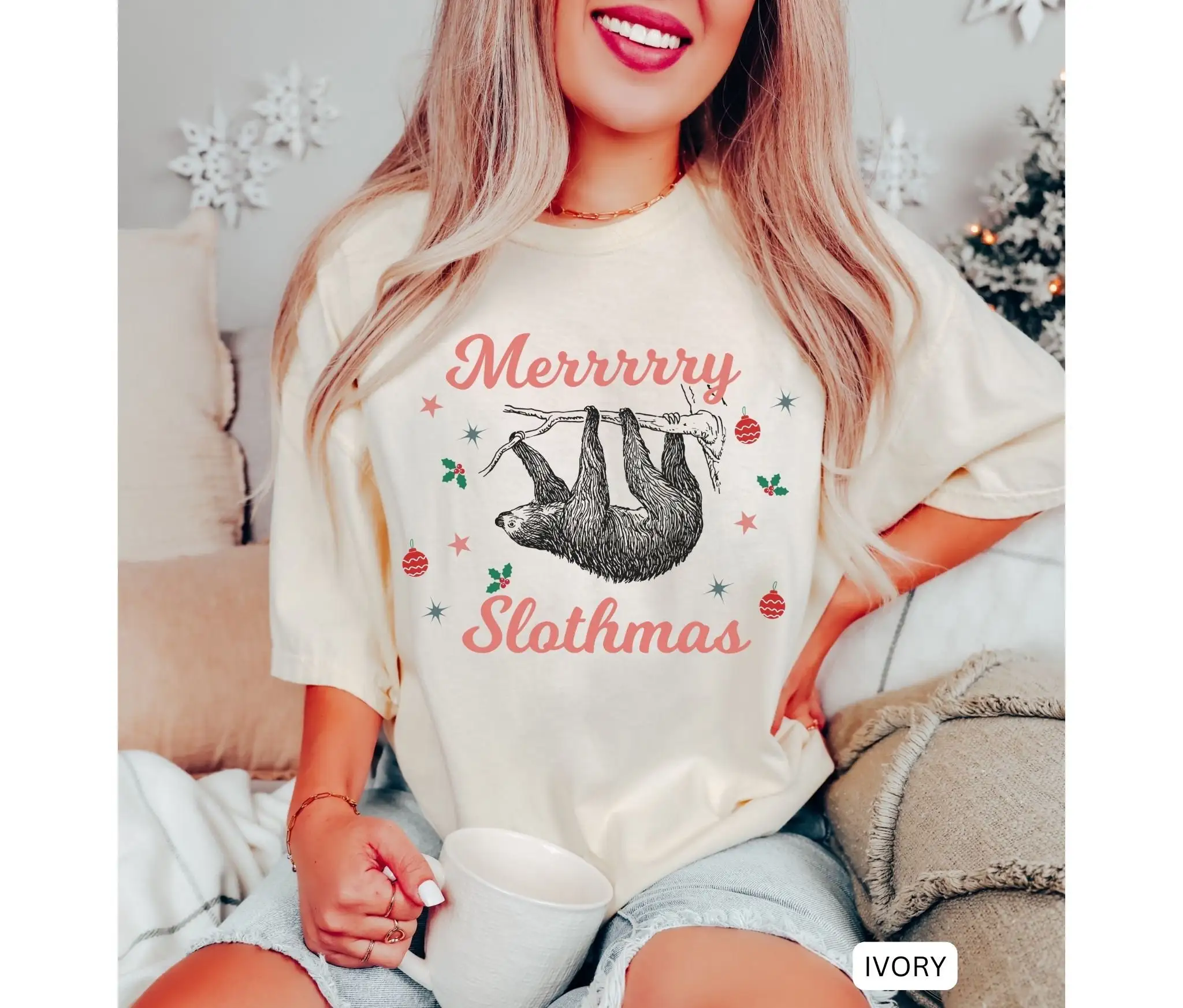 Sloth Christmas T Shirt Funny Comfort Colors Retro Lover Holiday Animal