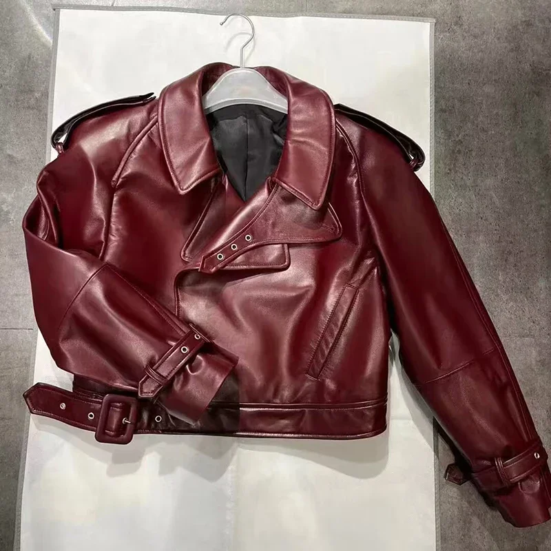 Lady Fashion Streetwear Leather Jacket New Autumn Winter Moto Biker Jacket Sheepskin Coat Women GT5916