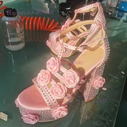 Light Pink Flower Stitching Sandals Girls Platform Crystal Open Heels Summer Short Skirt Dance Pump Rose 3D Thick Heels Woman