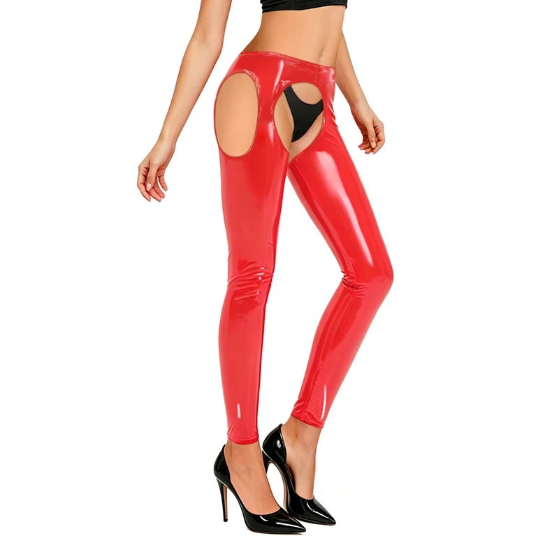 Sexy Hollow Out Leggings Slim Women PU Leather Push Up Pants Skinny Black Red Stretchy Mid Waisted Tights Trouser New