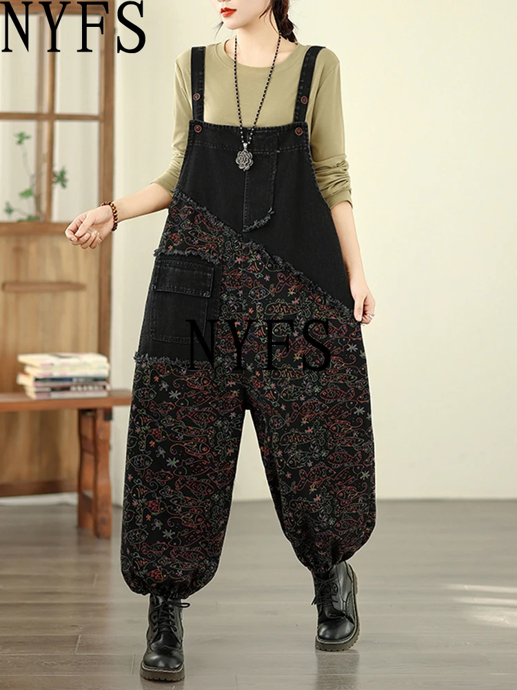 

NYFS 2025 весенний женский джинсовый комбинезон, брюки, женский винтажный свободный комбинезон с принтом больших размеров, индивидуальный женский комбинезон