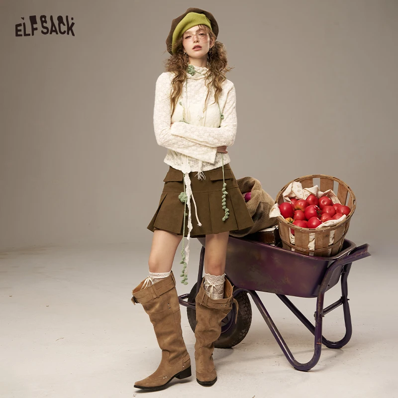 

ELFSACK 2025 Autumn New Arrivals Y2K Casual Classic Double-Pocket High-Waist Waist-Cinching Pleated Skirt For Woman
