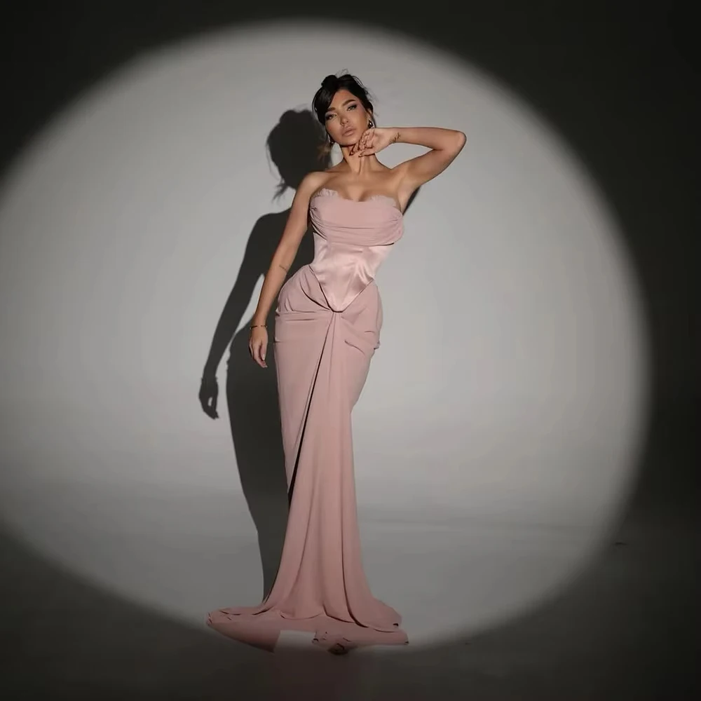

Pink Crepe Evening Dress Strapless Sweetheart Mermaid Formal Occasion Dresses Elegant Pleat Prom Party Gowns Customized