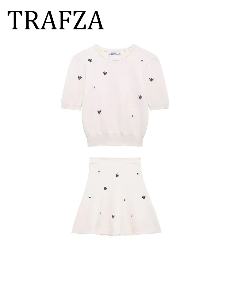 

TRAFZA Women's Jewel Knit Top Mini Skirt 2 Piece Outfit 2025 Summer Short Sleeves White Top+Pleat Short Skirt Set Elegant Ladies