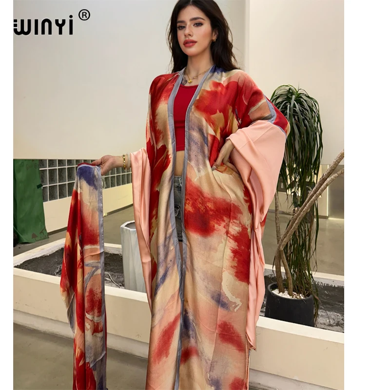 WINYI Summer Beach Wear Cover Up Lady Boho Cardigan luxury beachwear Silky and skin-friendly sexy Holiday Kimono maxi dress