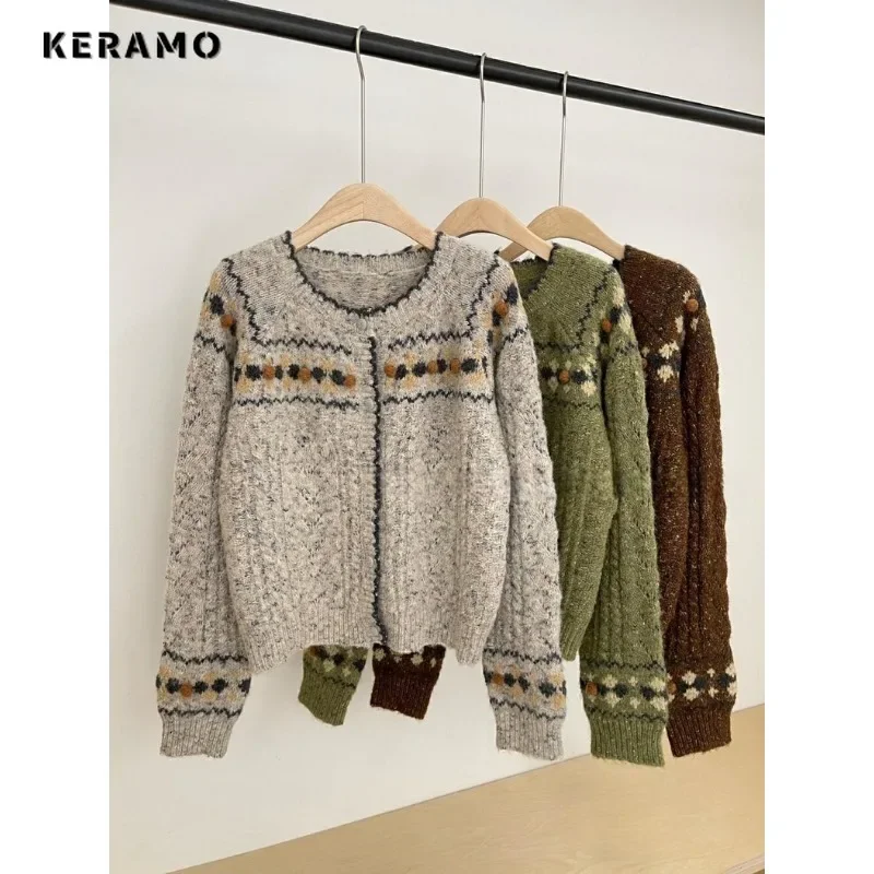 2023 Winter Casual Long Sleeve Office Lady Knitting Cardigans Women\'s Fashion Round Neck Dot Printting Elegant Sweater Top