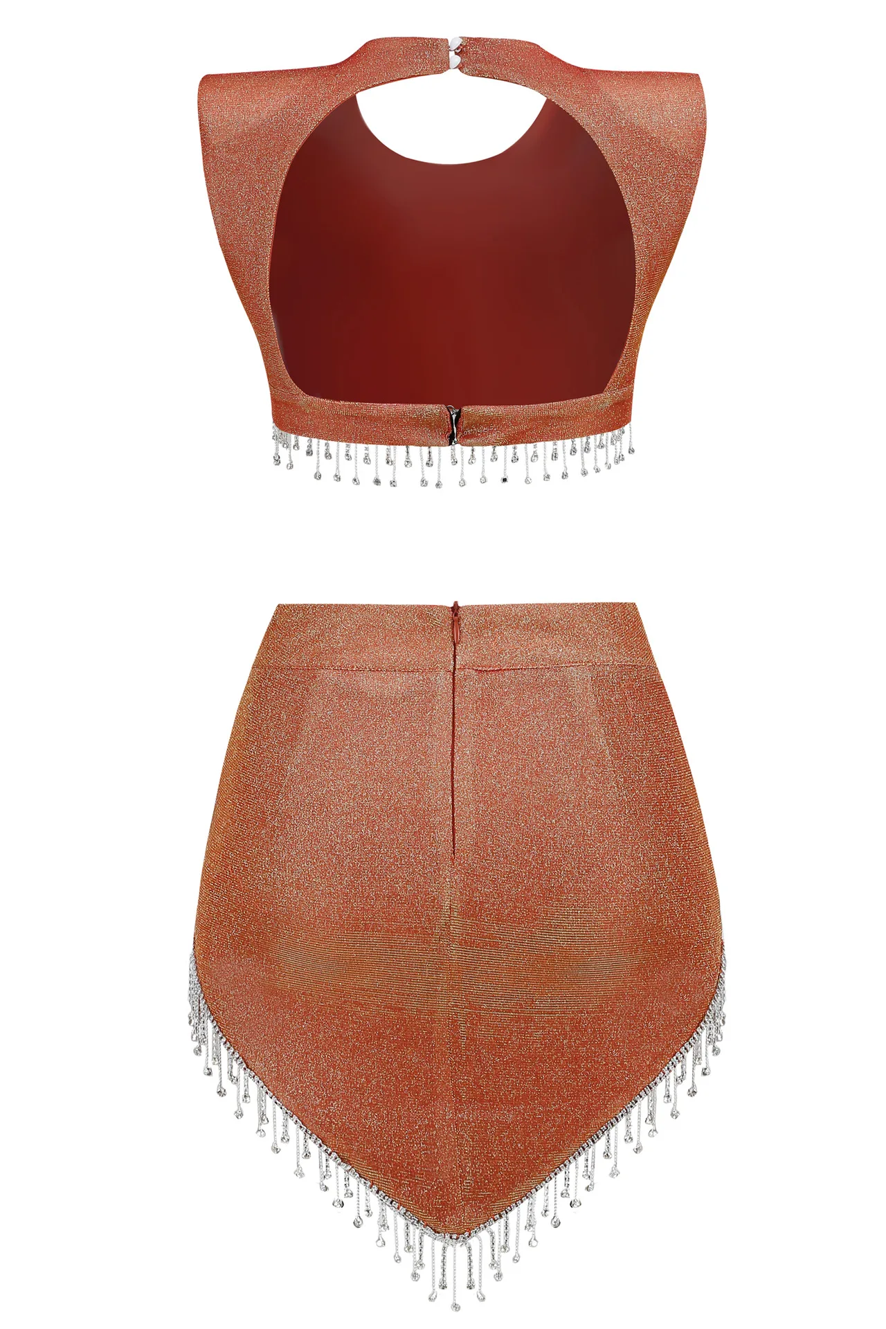 Sexy Fashionable Metallic Glitter Two Piece Set Rhinestone Fringe Crop Top Asymmetric Mini Skirt Dress Birthday Cocktail Party