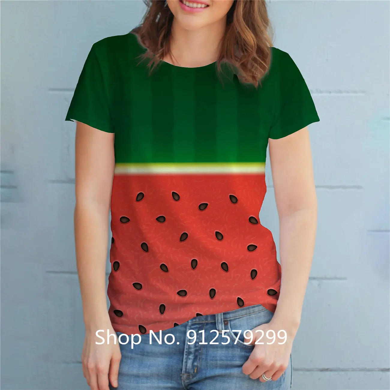 2022 Women\'s Fashion T Shirt Casual Short Sleeve Watermelon Printing Tee Shirt Round Neck Tops