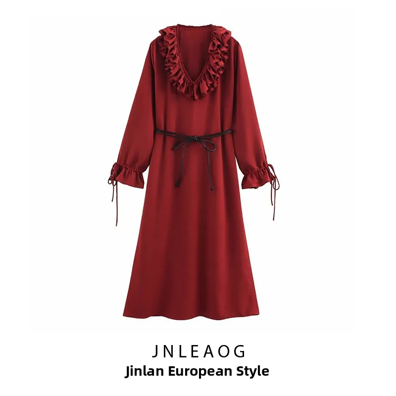 

JNLEAOG Новое осеннее макси-платье с длинным рукавом и поясом, женское, в европейском стиле, из полиэстера, сказочная юбка, повседневная одежда