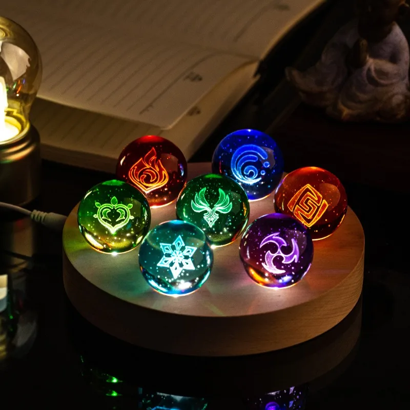 New Genshin Impact 6cm 4cm Crystal Ball Night Light, 3D Engraved Seven Elements