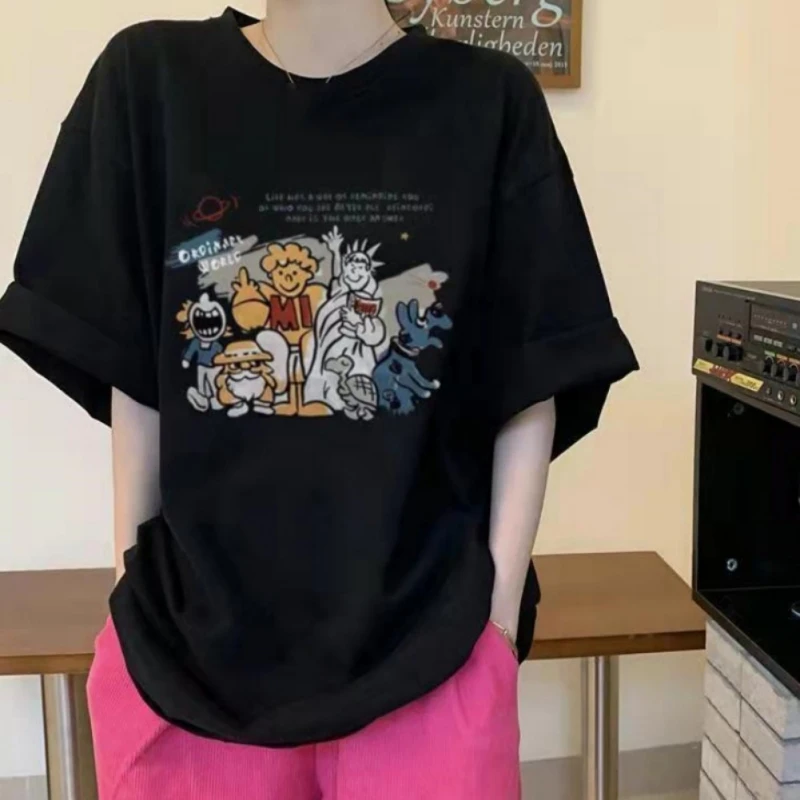 Camisetas de manga corta con estampado de dibujos animados Retro para mujer, camisetas informales holgadas de refrigeración para mujer, Tops escolares de playa para niñas