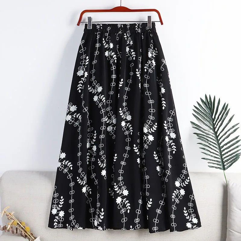 Lucyever Vintage Printed Long Skirt Women Summer Elastic High Wiast Mid-Calf Skirts Female Casual All-Match A-Line Pleated Skirt