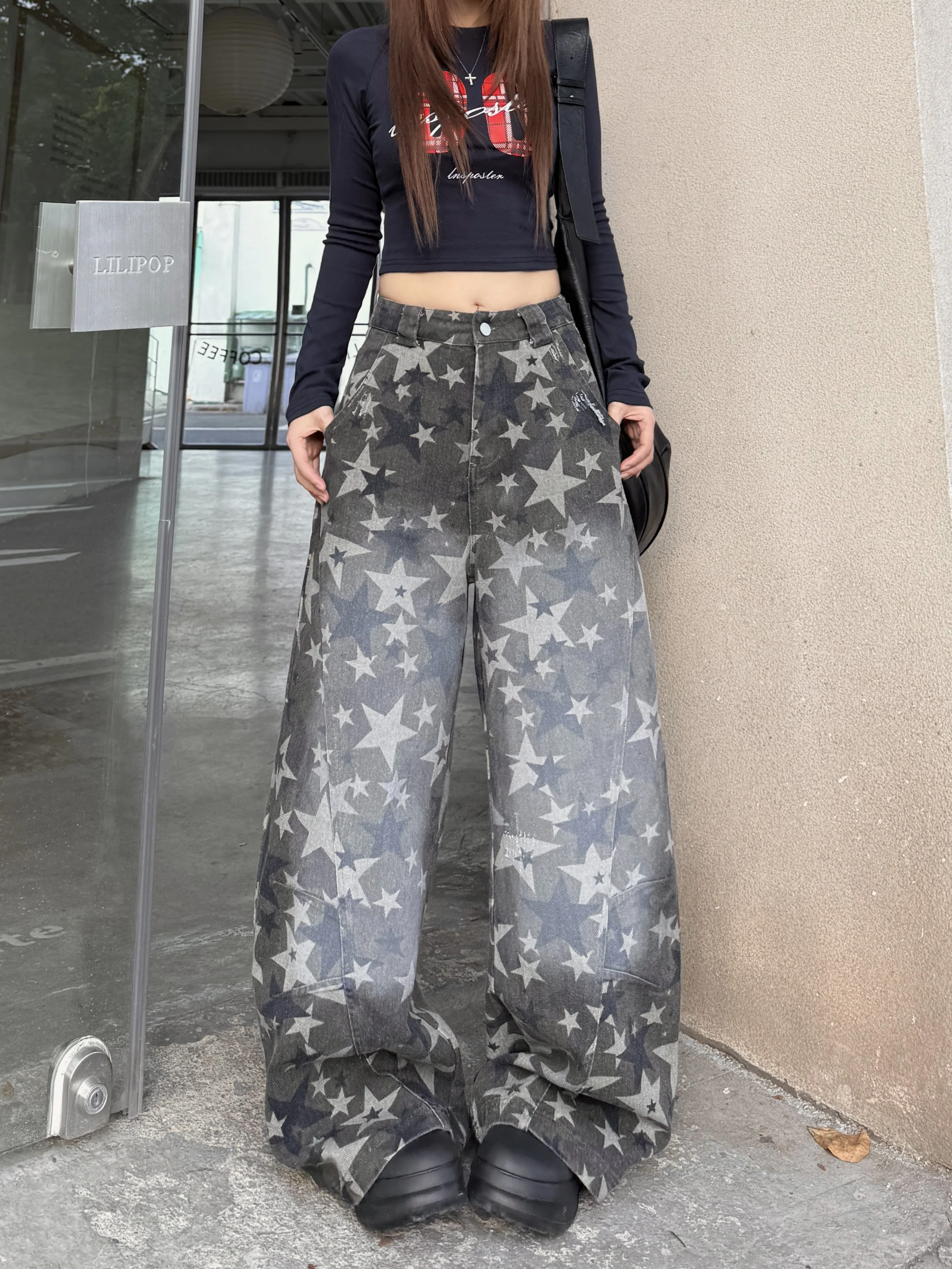 Calça jeans feminina com estampa de estrelas vintage, perna larga, cintura alta, solta, banana, curvada