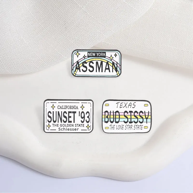 License Plate Enamel Pins Cartoon Rainbow Texas New York Badge California Sunset Lapel Brooches Jewelry Gift For Friends