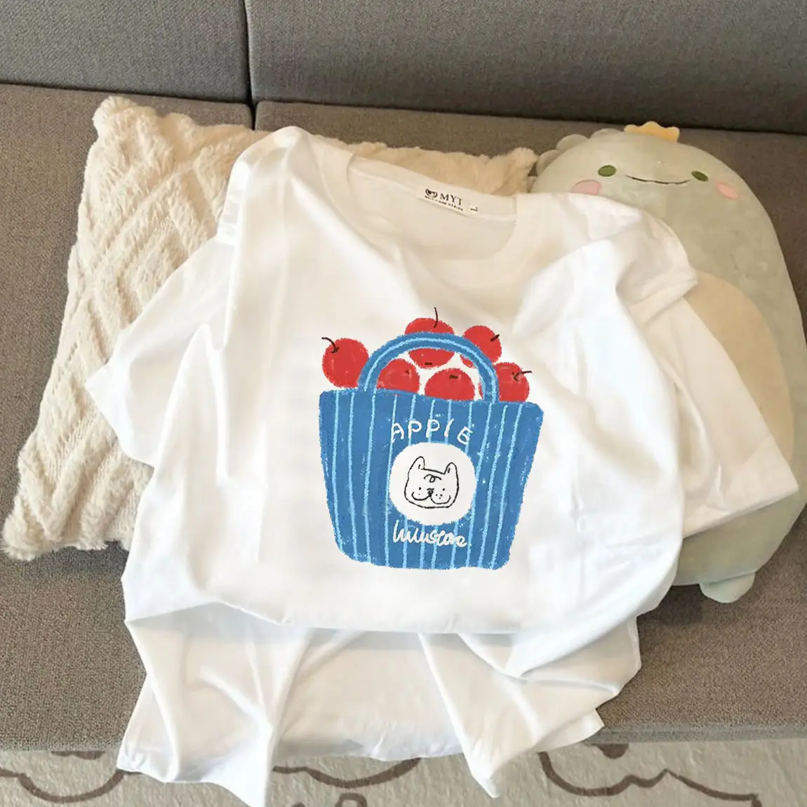 

Casual Printed Loose White T-shirt Short-sleeved Slimming Versatile Pure Cotton Round-neck Base Large-sized T-shirt Trendy Top