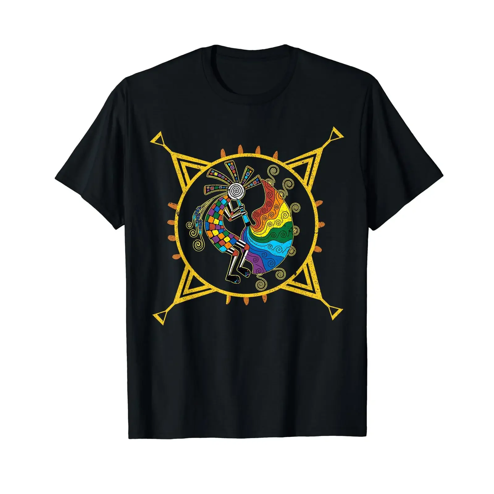Kokopelli American Petroglyph Drawing Flute Descent T Shirt black vintage Washed Stretched homme designer clothes Slightly