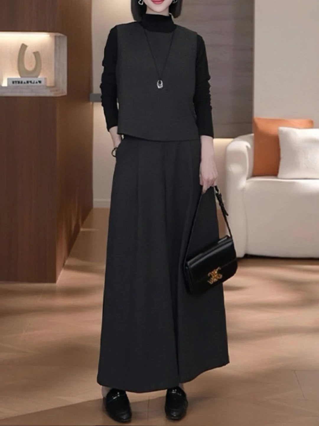 

Женский комплект футболок для отдыха в стиле ретро, длинный жилет-свек, топ, широкие брюки, осень-зима, модный ансамбль с высокой талией