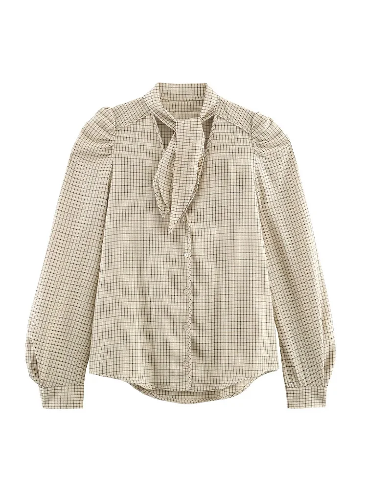 HH женская новая мода с длинными рукавами, однобортная шикарная рубашка с лацканами и бантом, осенняя женская тонкая повседневная свободная клетчатая блузка