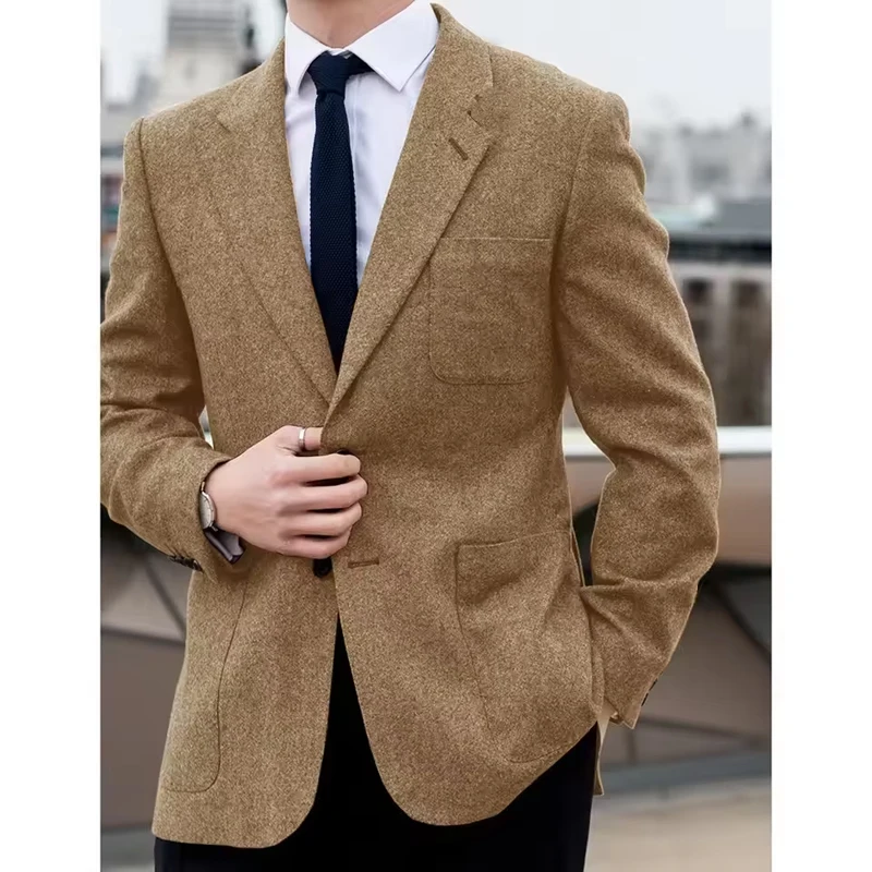 Men Wool Blazer Jacket Single Breasted Notch Lapel Slim Fit Comfortable Elegant Business Suit Jacket Casual Fashion Formal Coat