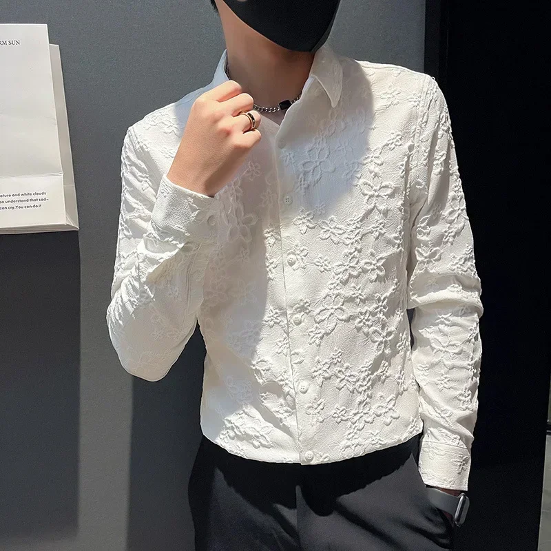 Vintage Jacquard Shirt 2025 Spring Long Sleeve Slim Fit Casual Tuxedo Fashion Man Wedding social Shirts Plus Size 4XL-M