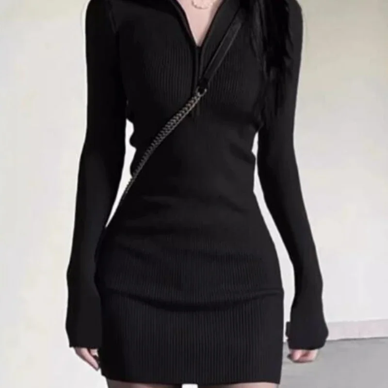 Long Sleeve Mini Dresses Women Slim Autumn Winter Hot Girls Zippers Solid V-neck Sexy Flattering Waist Soft Knitting Black Basic