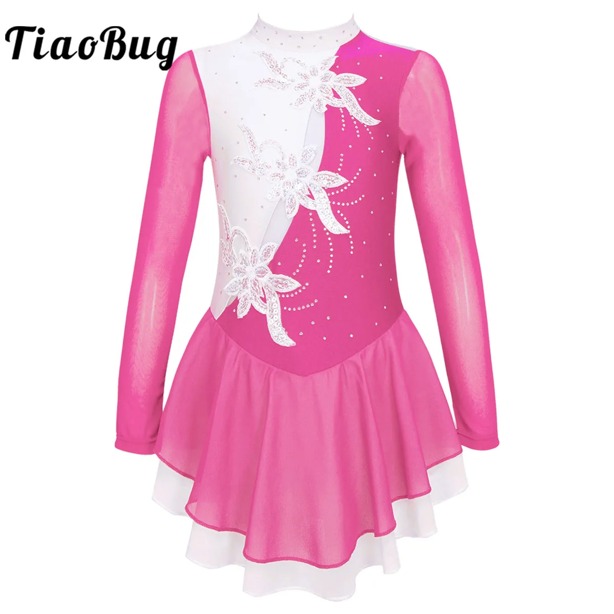 Sequin Floral Figure Ice Skating Dress Child Girls Long Sleeves Cutouts Back Ballet Gymnastics Leotard Ballroom Dance Costume