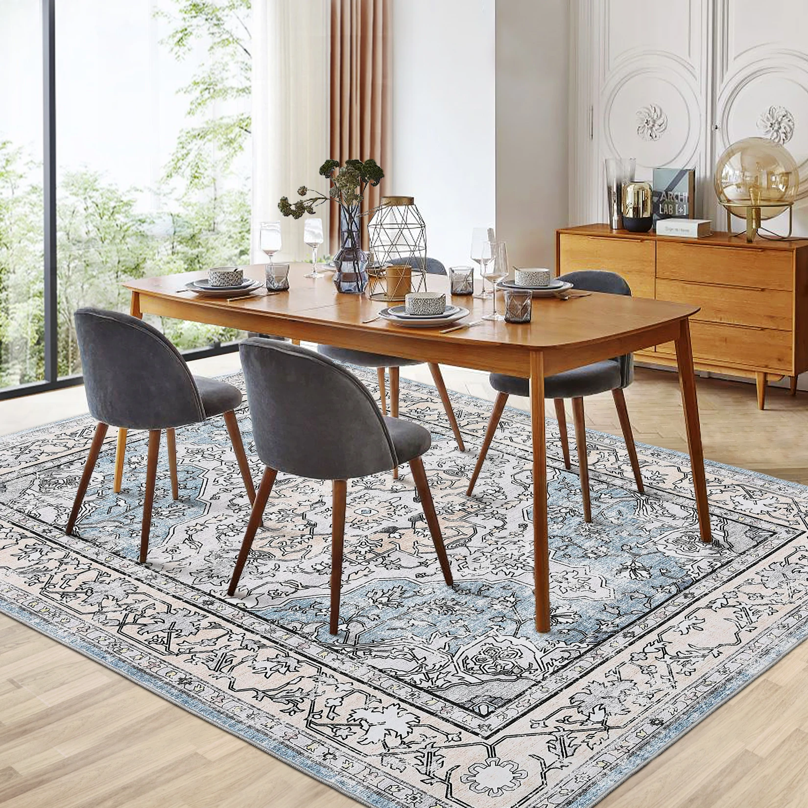 Vintage Washable Soft Area Rug Low Pile Anti-Slip Stain Resistant Rug Foldable Thin Floral Distressed Carpet Non-Shedding Pad