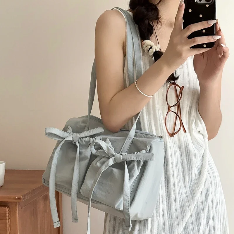 Korean Version Nylon Shoulder Bag Large Capacity Women's Shoulder Tote Bag College Student Class Casual Bow Commuting Bag