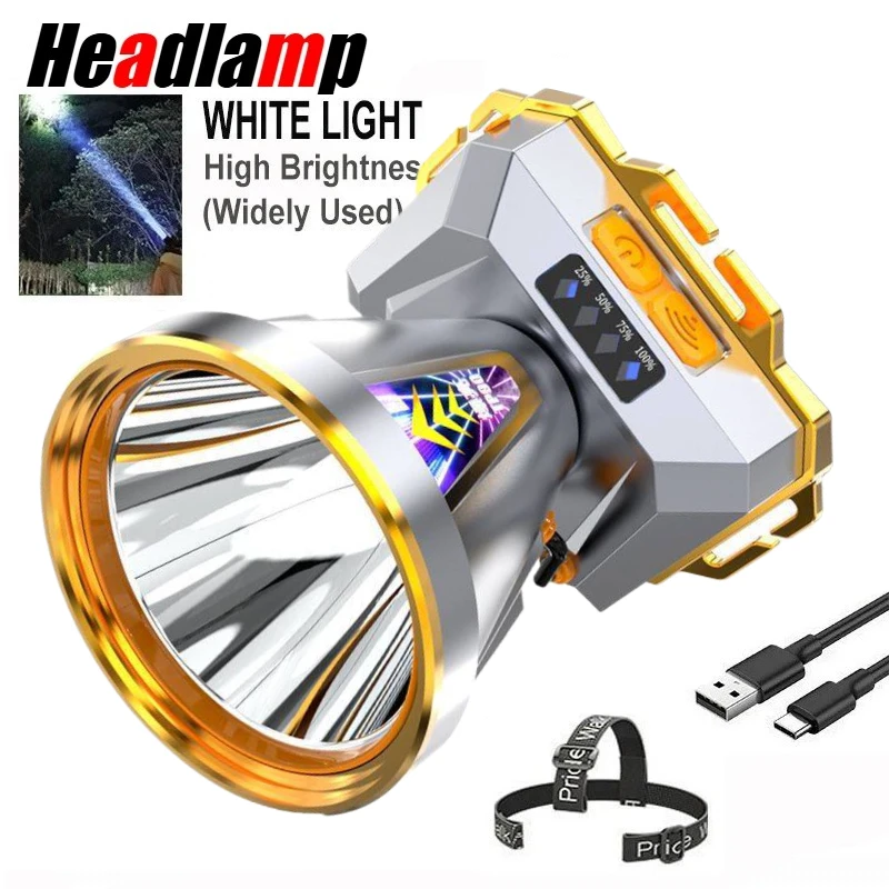 

Перезаряжаемый налобный фонарь высокой мощности, яркий водонепроницаемый светильник для рыбалки, кемпинга, экстренного бега на открытом воздухе, пешего туризма и рабочего освещения