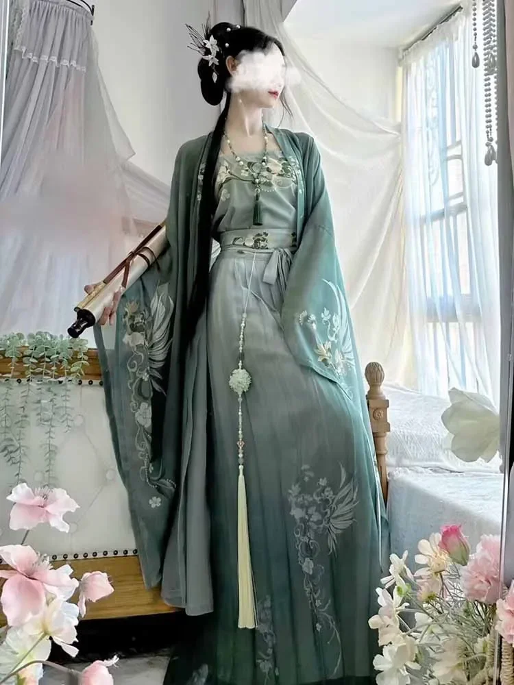 Oversizd 7XL Hanfu Dress Women Chinese Vintage Hanfu Sets Halloween Cosplay Costume Printed Hanfu Green 3pcs Sets Plus Size 8XL