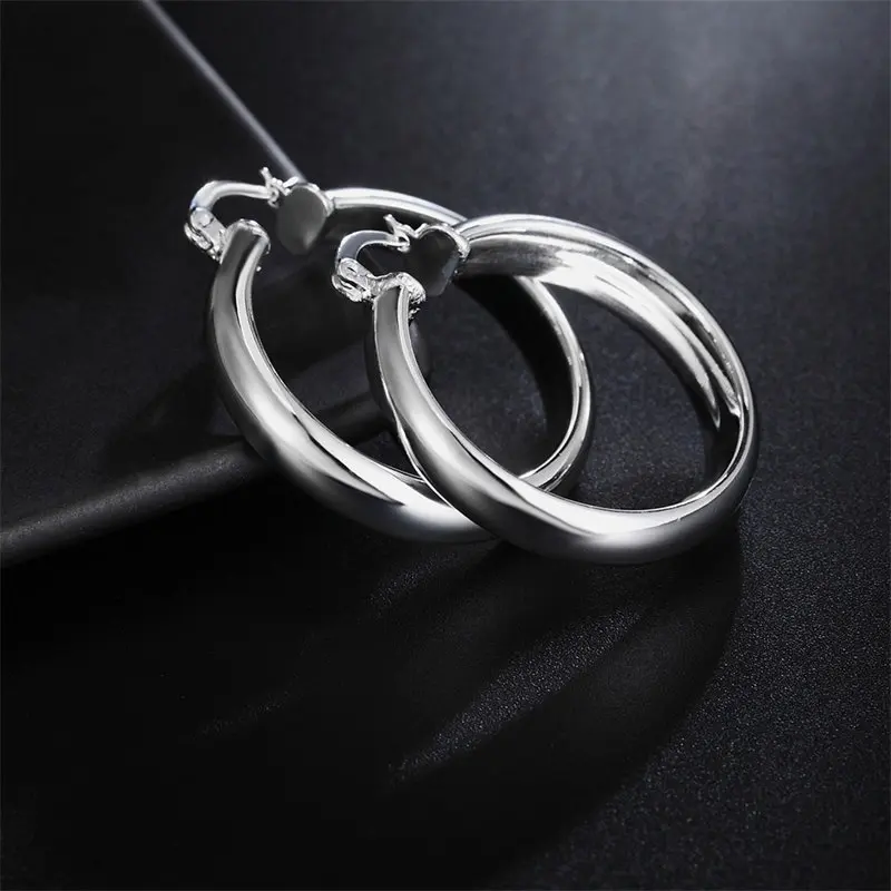 

New 925 Sterling Silver Jewelry 35MM Fine Polished Hoop Earrings For Women Fashion Charm Wedding Gift Accessories