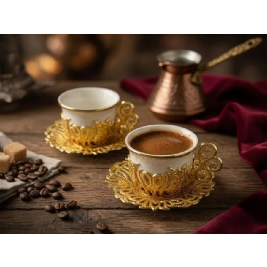 Turkish Coffee Cup Set for Home Use White Porcelain and Zinc Metal with Turkish Motifs Gold Trim 6 Cups and Saucers view 5