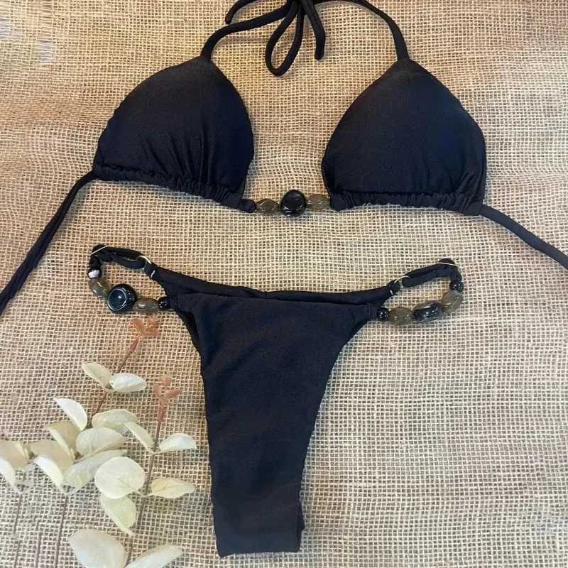 Novo 2025 feminino micro conjunto de biquíni contas decoração cinto maiô sexy halter-pescoço sem costas roupa de banho com cordão beachwear