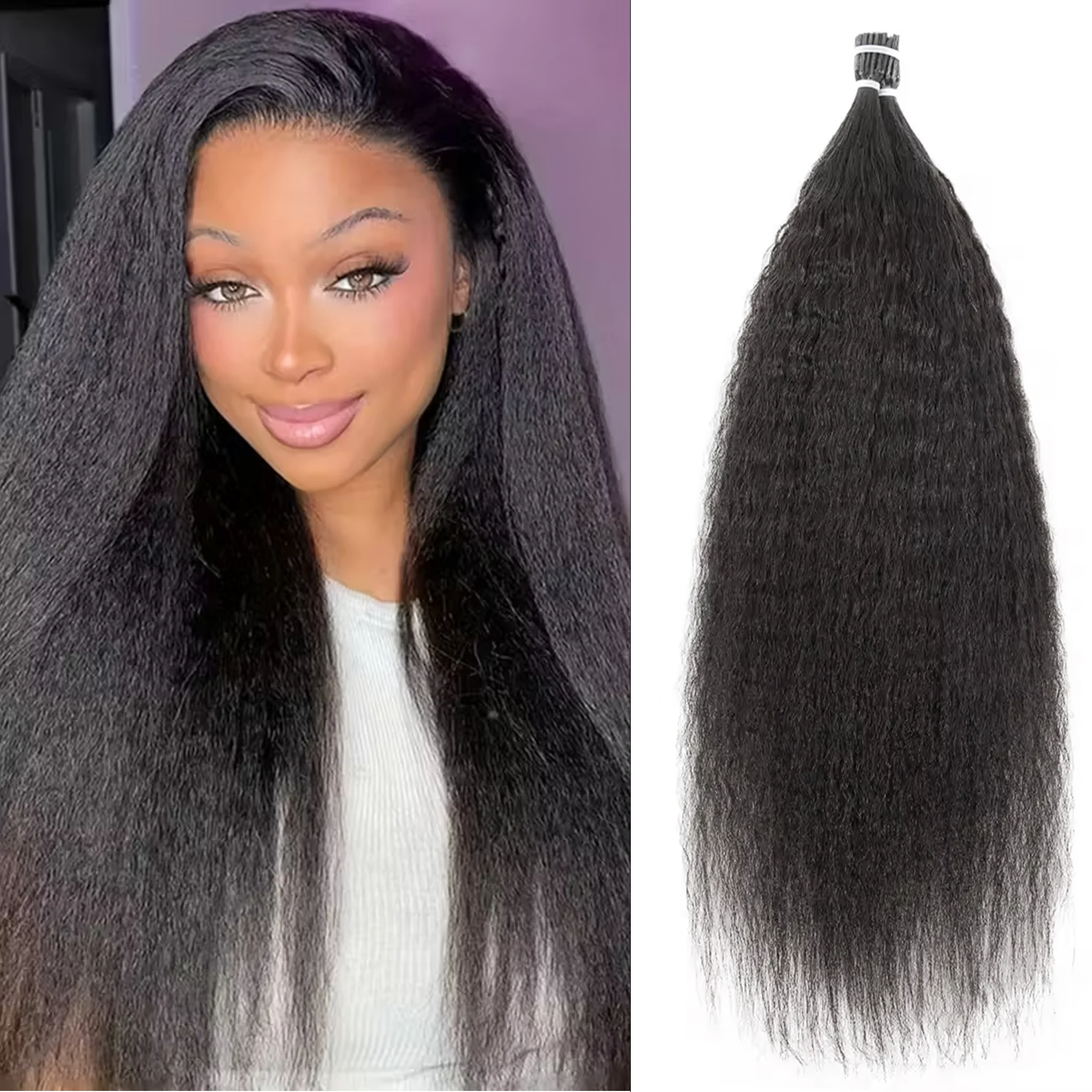 Microlink I Tip Human Hair Extensions Kinky Straight Remy Hair With Free Beads Reusable & Restylable For Women Salon Use