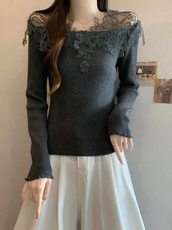 

Ele Lace Hook ey Long Sve Knitted Women's Base irt Trendy Top plus Size Soft Polyester Casual Wear for Autumn Winter