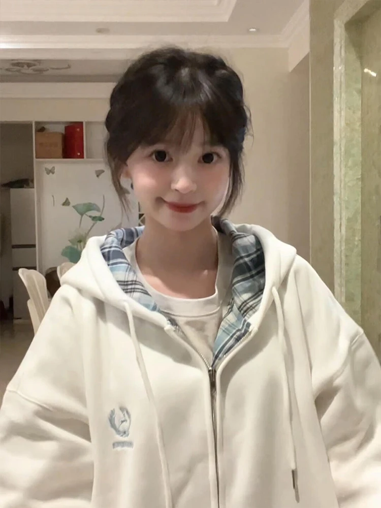 

Oversize Korean Style Lazy Streetwear Women's Fleece Lined Embroidered Sweatshirt Plaid Patchwork Hoodie Sweet Style Long Sleeve