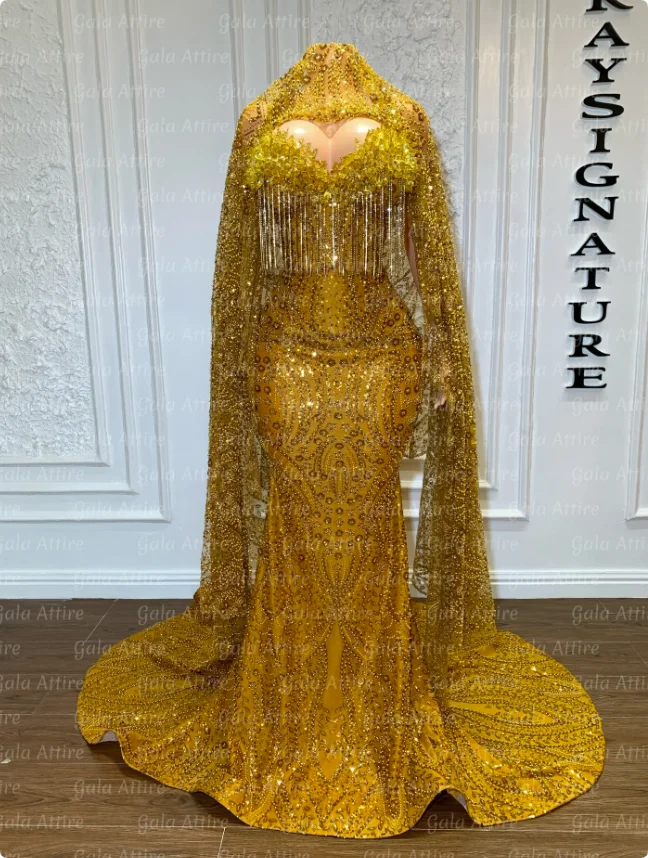 

Designer Gold Stones Prom Dresses With Head Cover Beaded Rhinestones Mermaid African Wedding Dress Black Girls Customized