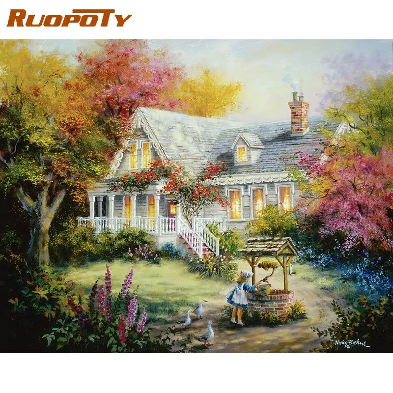 RUOPOTY Oil Painting By Numbers DIY Set Villa In Forest Painting Numbers Artwork For Adults Gift Drawing By Numbers Home Decors