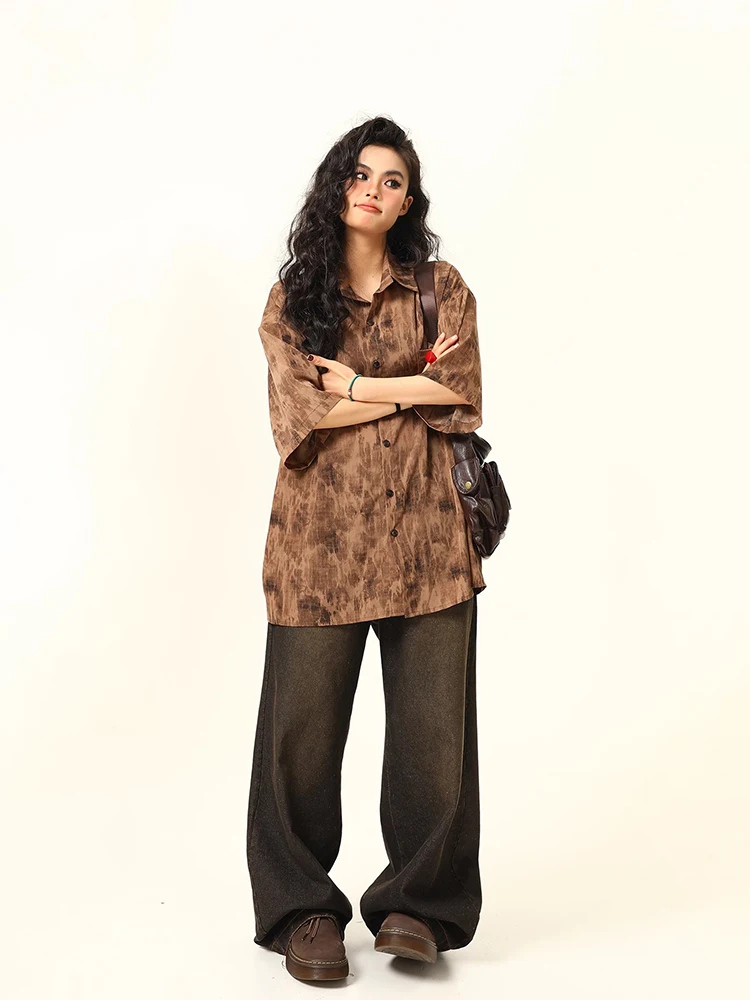 Splash Ink Tie-Dye camisa de manga larga diseño Sense Niche solapa camisas casuales de un solo pecho moda Vintage blusas de mujer