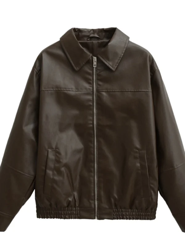 Faionable Pilot Jaet Outerwear Women's Slimming Age-Defng Versatile Elegance Fake Leather Commute Sle Long Sve Zipper
