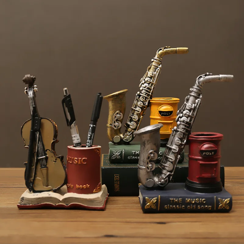 Resin Craft Violin Pen Holder Office Home Decor Miniature Model Desk Organizer