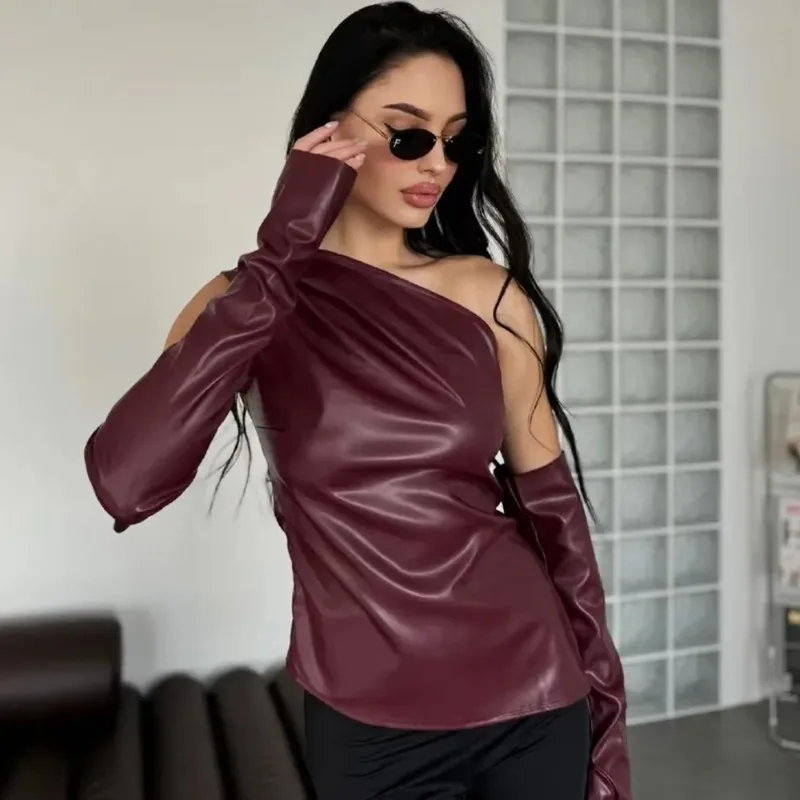 Tuularose Leather Vest Tops Women Sexy Sleeveless Off Shoulder Retro Y2k PU Sleeve Tops Set Female Fashion Leather Tees T-Shirt