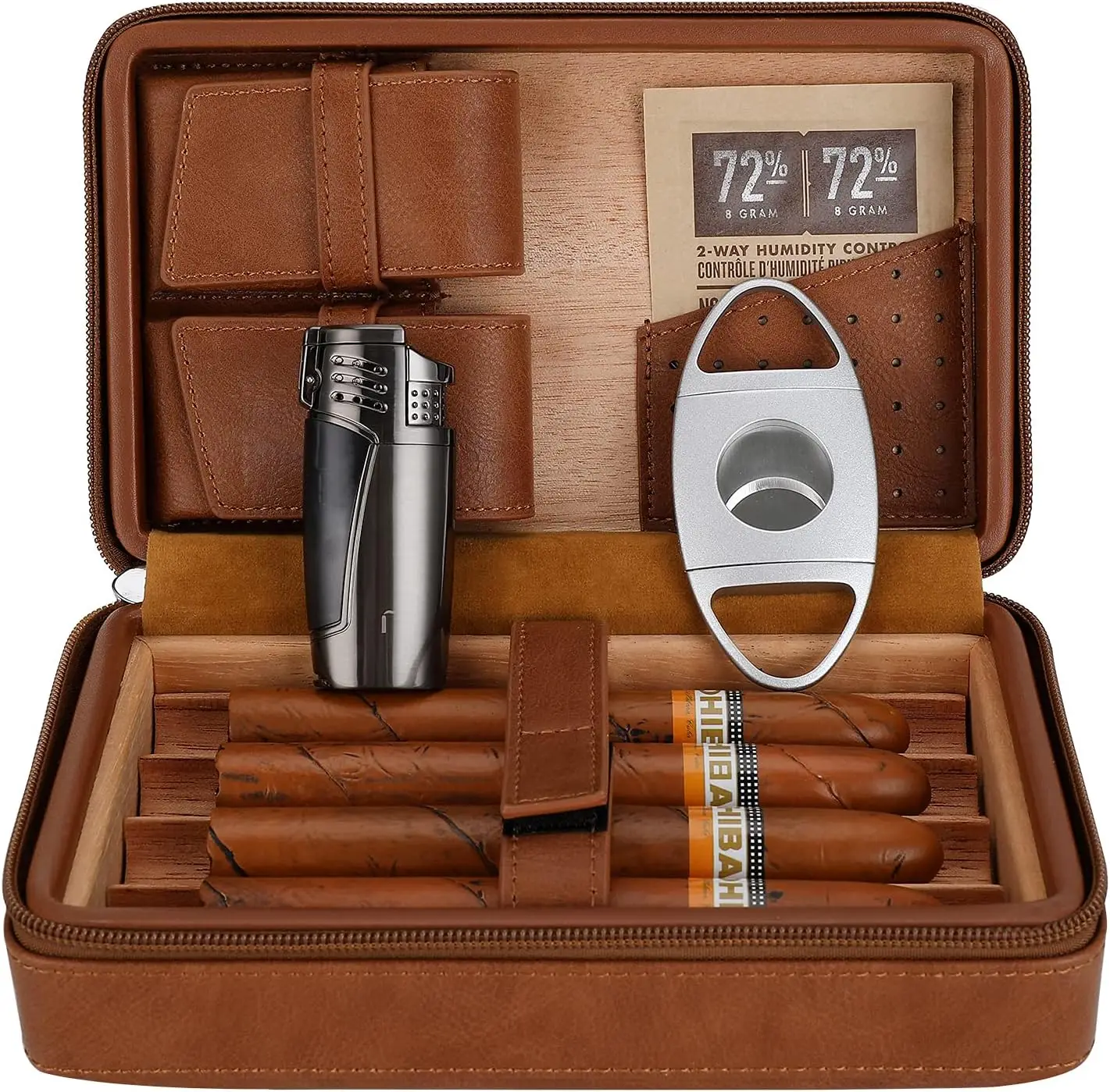 

Premium Cedar Wood Leather Cigar Travel Case with Lighter & Cutter Gift Set, Brown