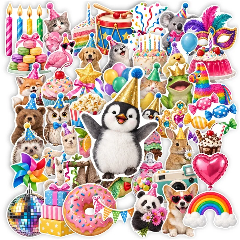 50PCS Cartoon Animal Party PVC Sticky Sticker Aesthetic Colored DIY Decoration Scrapbooking Phone Hand Accounting Supplies