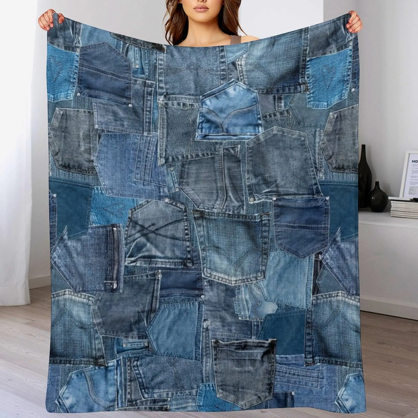 

Photograph of Blue Denim Jeans Pocket Patchwork ONLY - Not Real Throw Blanket Camping Soft Plaid For Sofa Thin Blankets