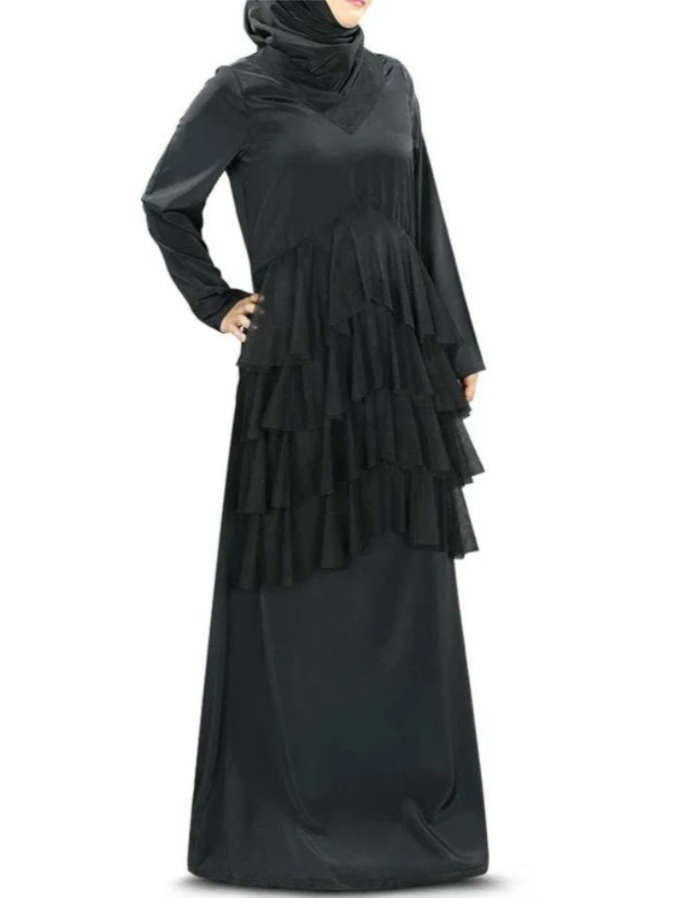 Customized Elegant Black High‑Neck Multi‑Layer Ruffle Mesh Long‑Sleeves Floor‑length Dress 2026 New Women Formal Evening Dresses