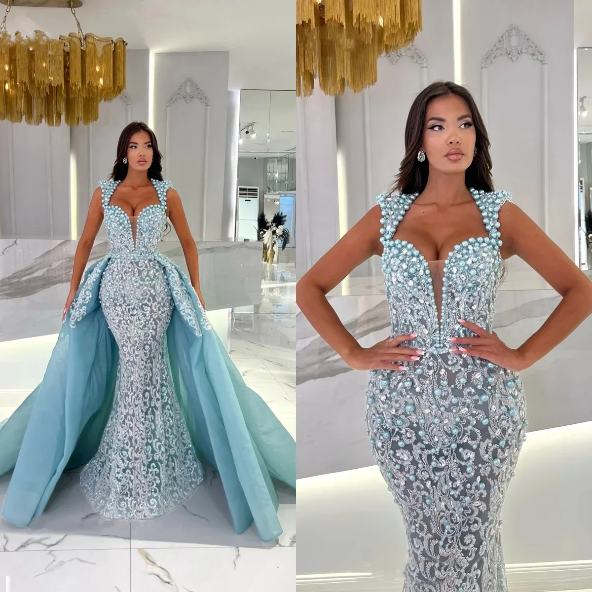 Luxury Evening Dresses Pearls Beading Prom Gown Sequins Party Dress Detachable Train Illusion Customized Vestidos de noche