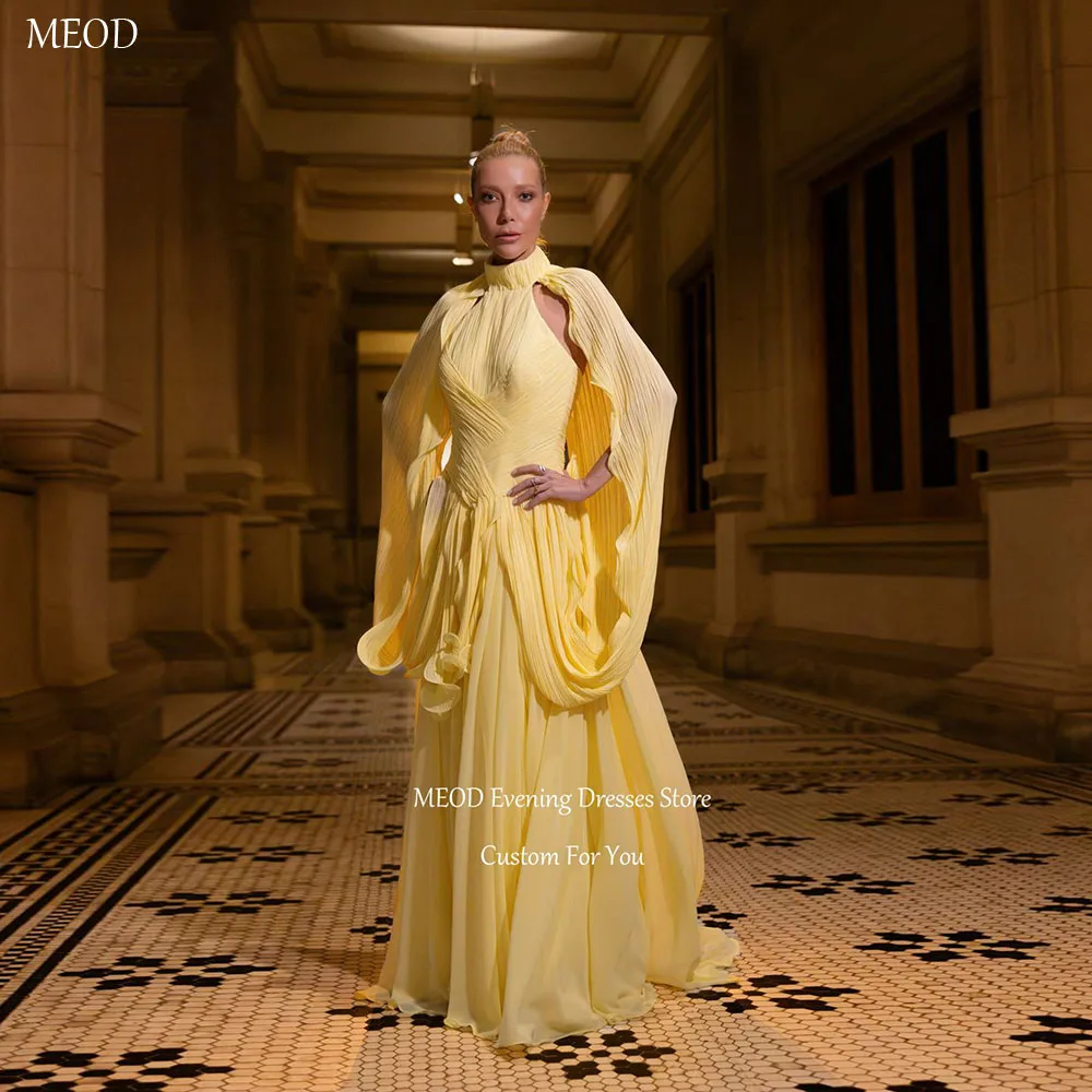 MEOD Yellow High Neck Wedding Guest Gown Sleeveless A Line Women's Evening Dress Floor Length Chiffon Vestidos Mujer Customized