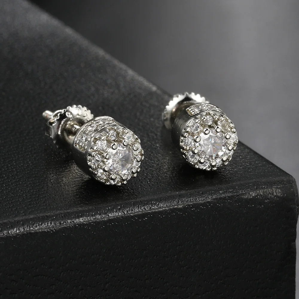 Hip Hop  Screw Stud Earrings For Women Punk Style Iced Out Bling Cubic Zirconia Gold Color Ear Piercing Female Male Gifts OHE174